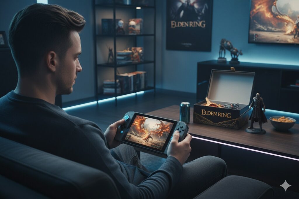 gamer jouant à un jeu comme Elden Ring sur Switch 2