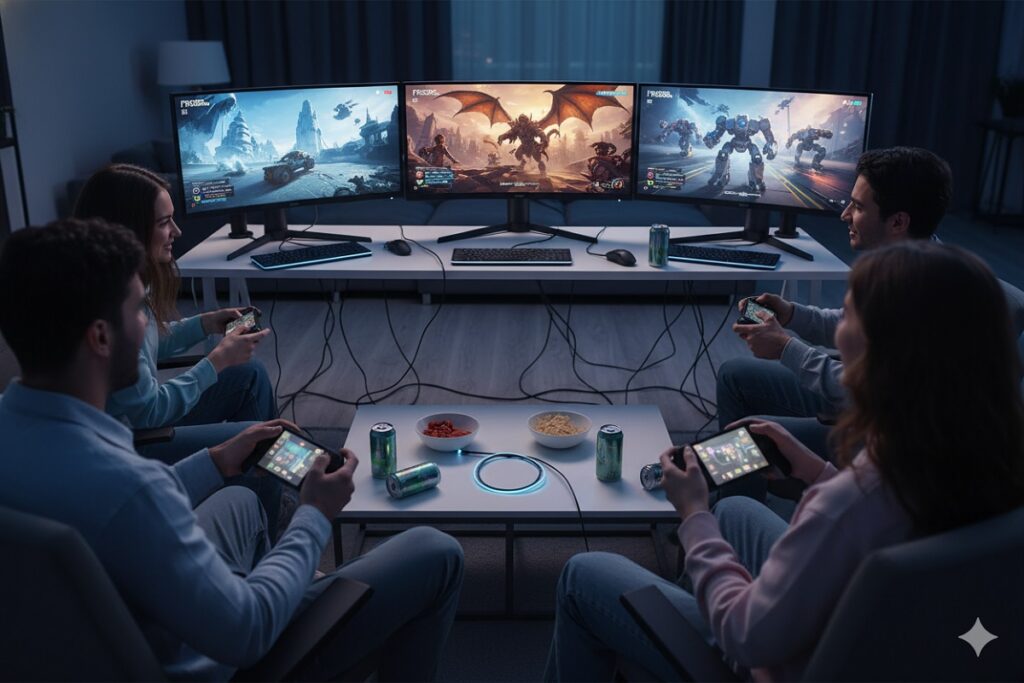 gamers jouant à des jeux de l’année 2026 sur consoles