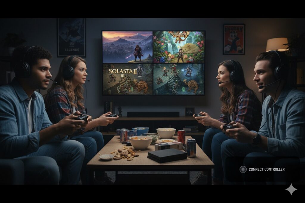 gamers jouant à des sorties jeux vidéo sur consoles