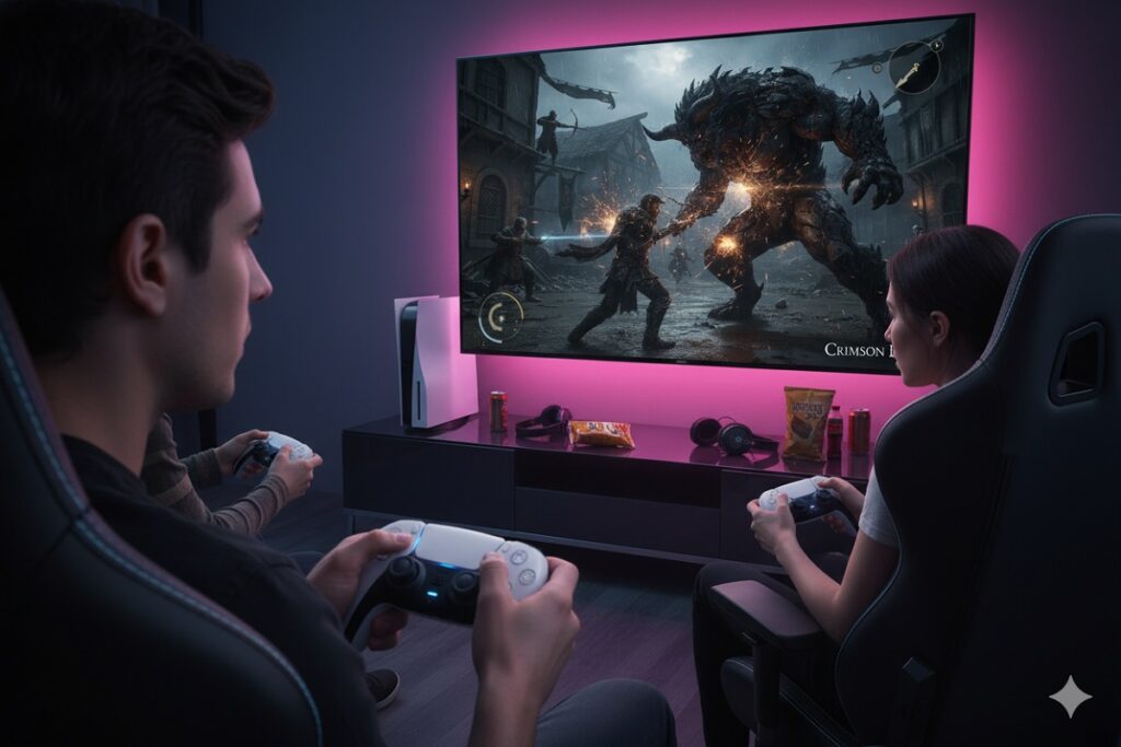 gamers jouant à un jeu comme Crimson Desert sur PS5