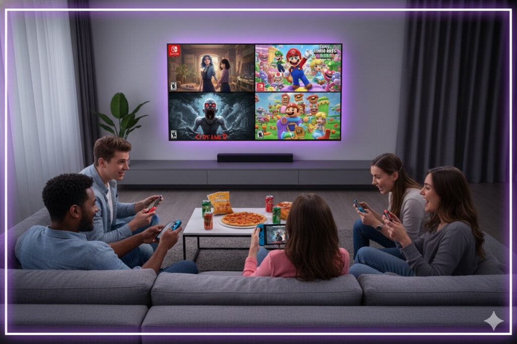 gamers jouant aux sorties jeux vidéo de la semaine sur Switch 2