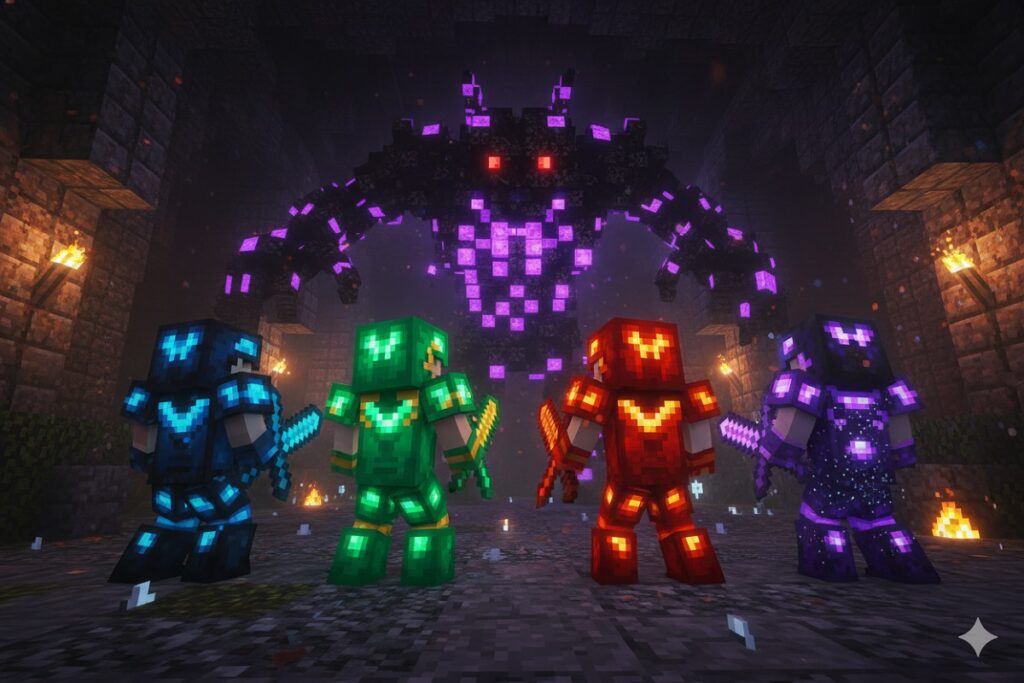 héros en armures comme dans Minecraft Dungeons II