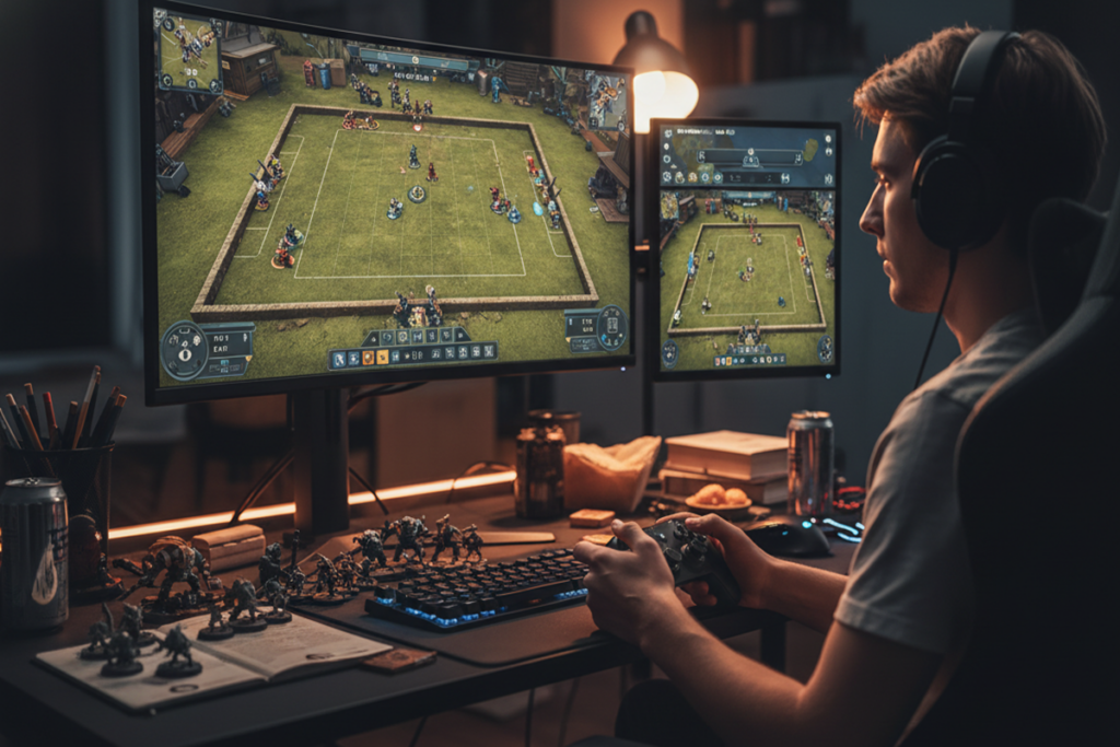 Un joueur qui joue à un jeu de stratégie comme Warhammer Blood Bowl