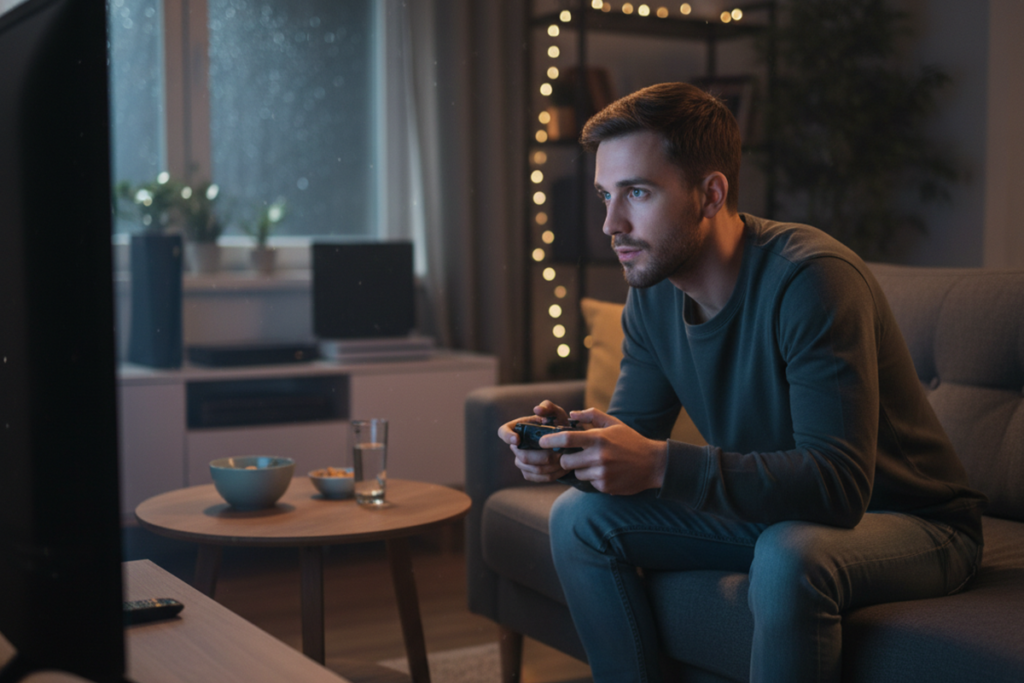 Un joueur sur sa console