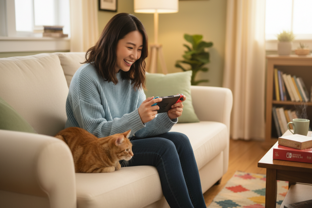 Une jeune femme qui joue sur Nintendo Switch 