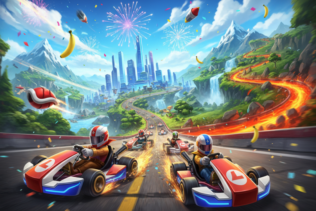 Poster d’un jeu de course en karting comme Mario Kart World