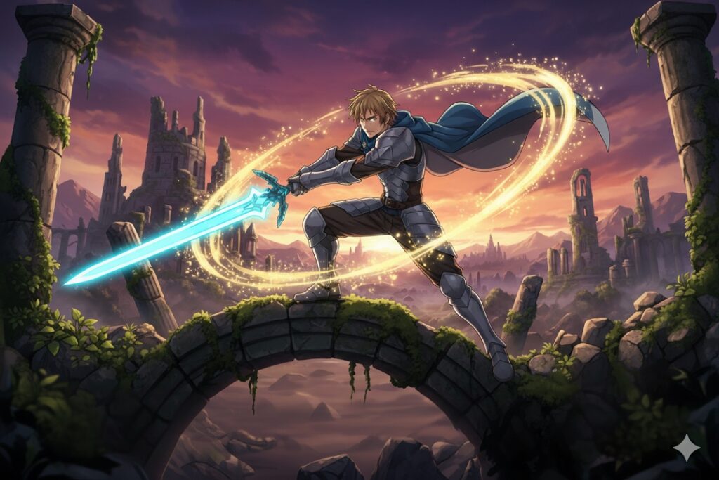 personnage en posture de combat comme dans Seven Deadly Sins: Origin