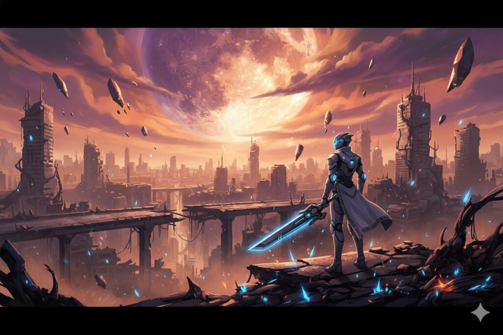 rover face à un paysage urbain comme dans Wuthering Waves