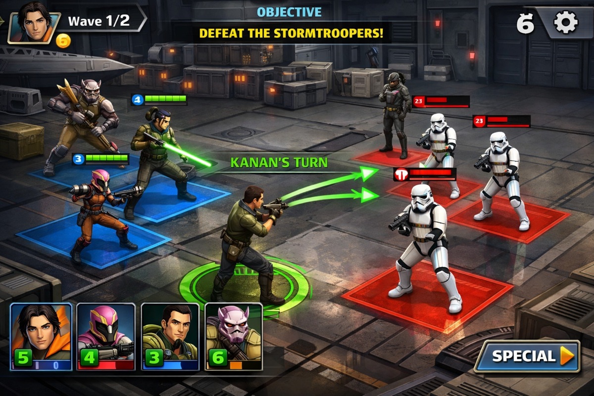 Gameplay d’un jeu mobile comme Star Wars Rebels : Team Tactics