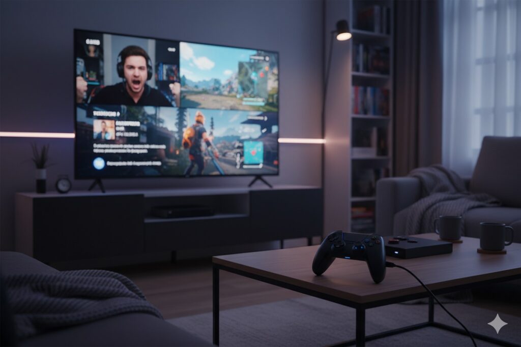 télévision de salon montrant une chaîne de jeux vidéo comme Game One