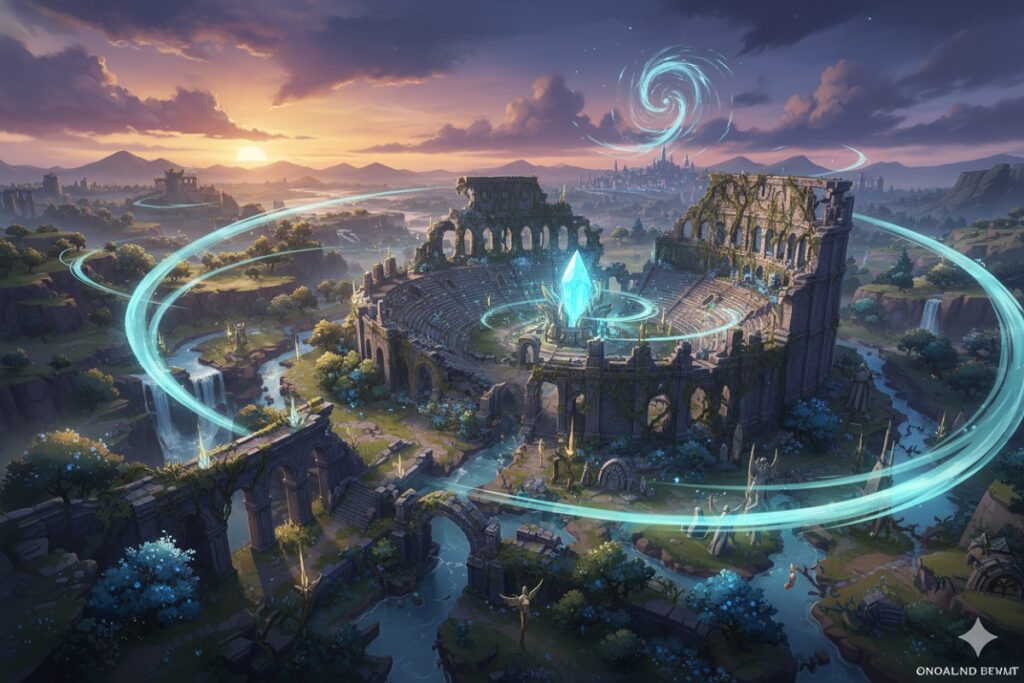 vue aérienne panoramique comme dans la version 6.5 de Genshin Impact