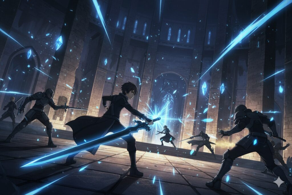 Scène de combat d’un jeu inspiré de Echoes of Aincrad