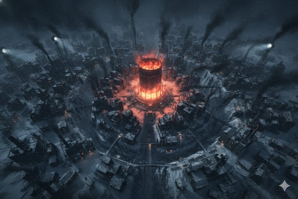 Vue aérienne d'une mégapole enneigée inspirée de Frostpunk 2