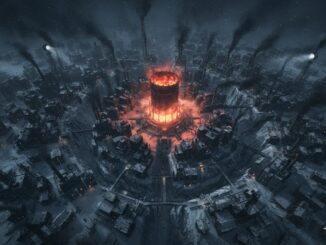 Vue aérienne d'une mégapole enneigée inspirée de Frostpunk 2