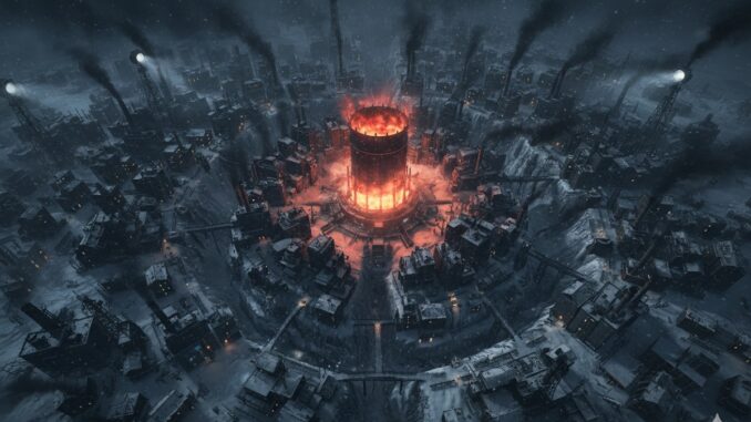 Vue aérienne d'une mégapole enneigée inspirée de Frostpunk 2