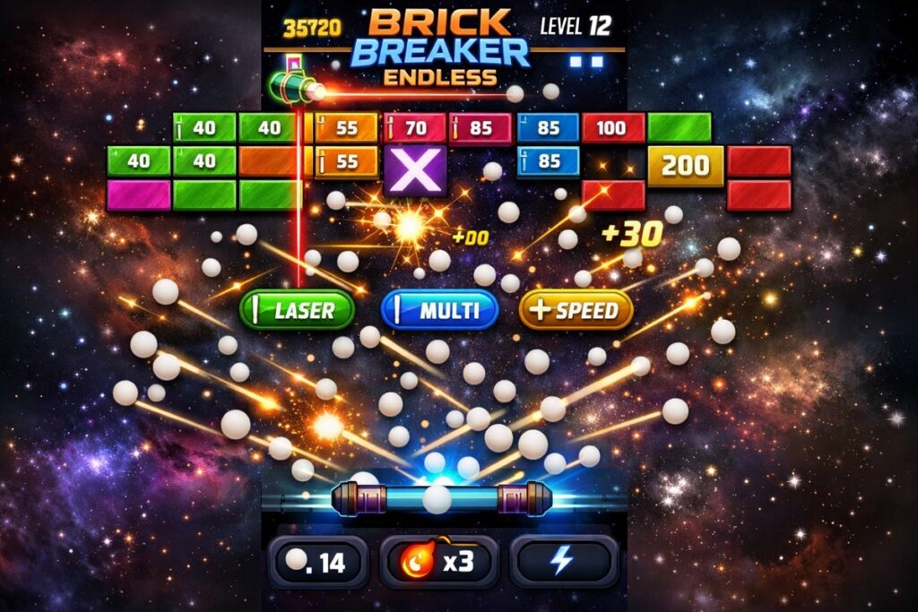 Gameplay d’un jeu d’arcade comme Brick Breaker Endless