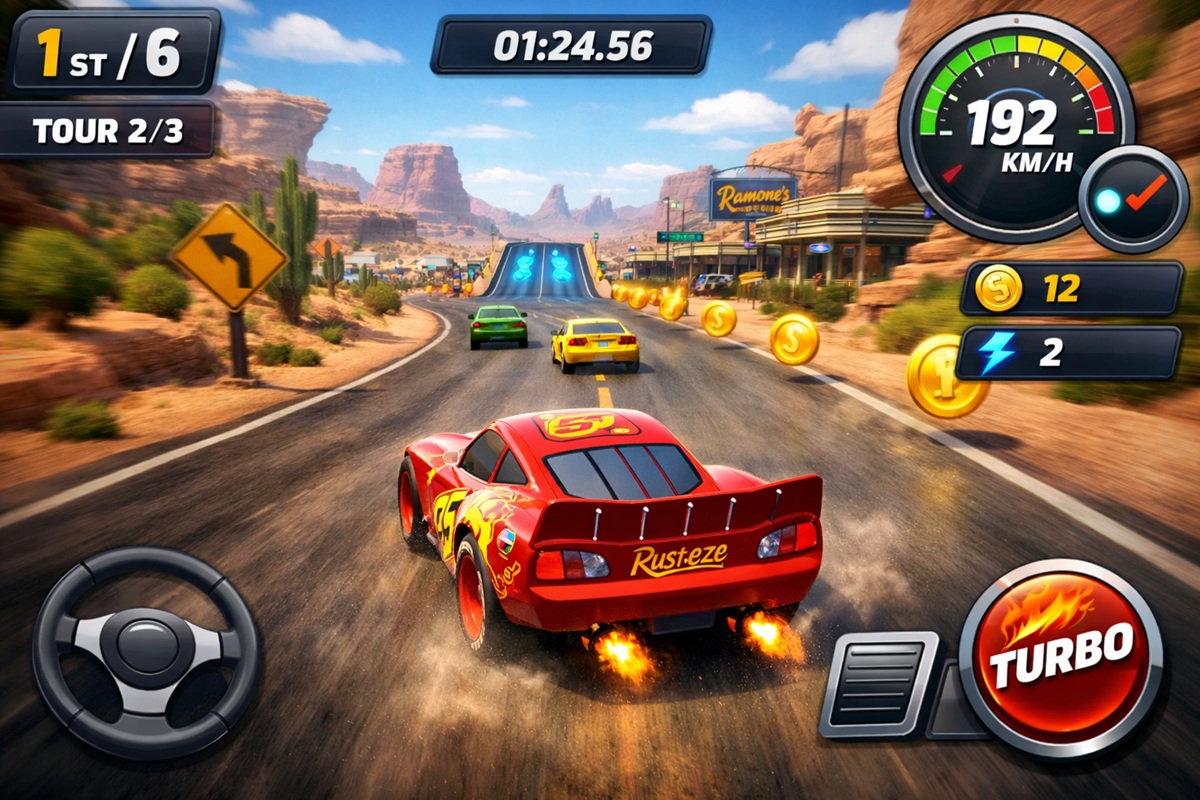 Gameplay d’un jeu mobile comme Cars : Road Race Rally