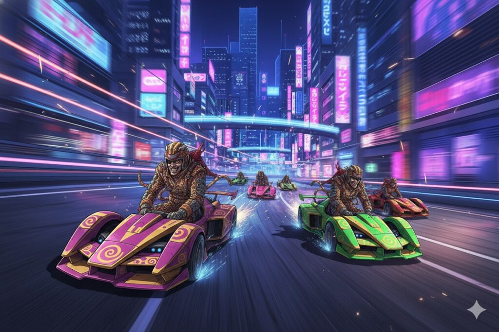 circuit de course avec Kajima comme dans Sonic Racing Crossworlds