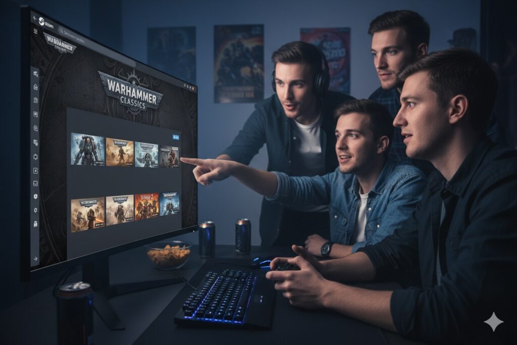 gamers découvrant des jeux du Warhammer Classics
