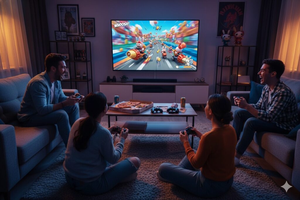 gamers jouant à un jeu comme Rabbids Crazy Rush