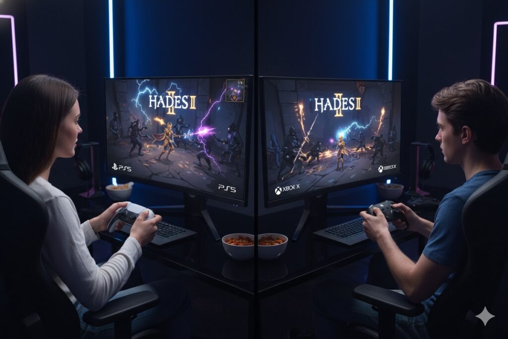 gamers jouant à un jeu comme Hades II sur PS5 et Xbox Series