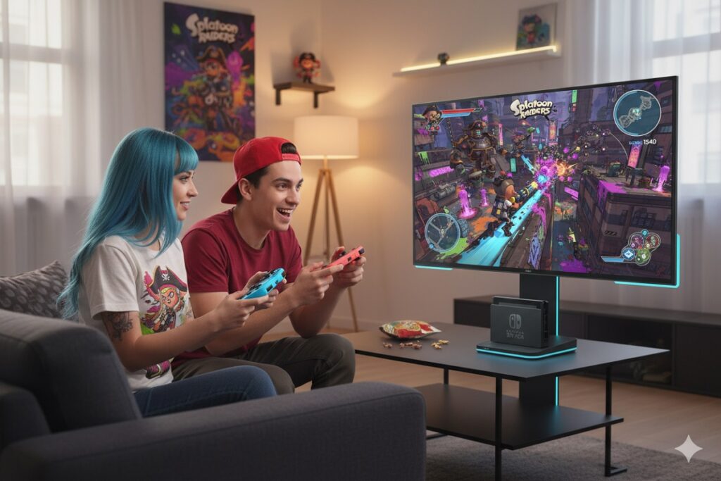 gamers jouant à un jeu comme Splatoon Raiders sur Switch 2