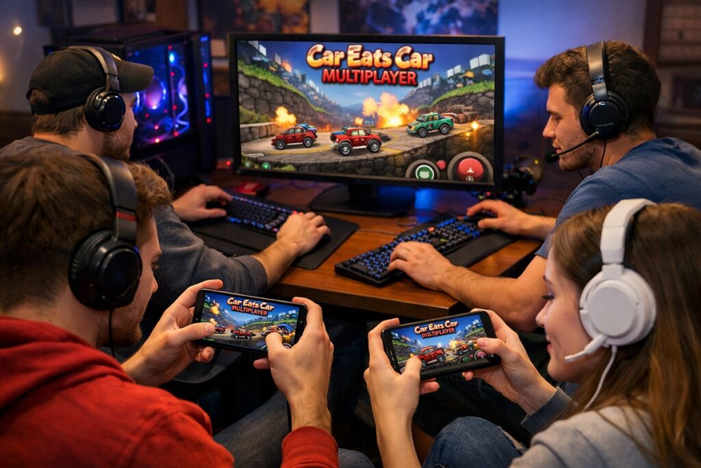 gamers jouant au jeu Car Eats Car Multiplayer