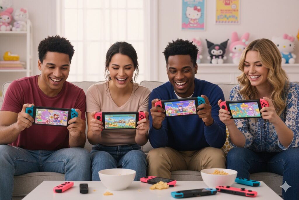 gamers testant des jeux de Sanrio Games sur Nintendo Switch