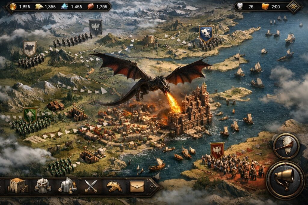 interface mobile d’un jeu inspiré de Game of Thrones : Dragonfire