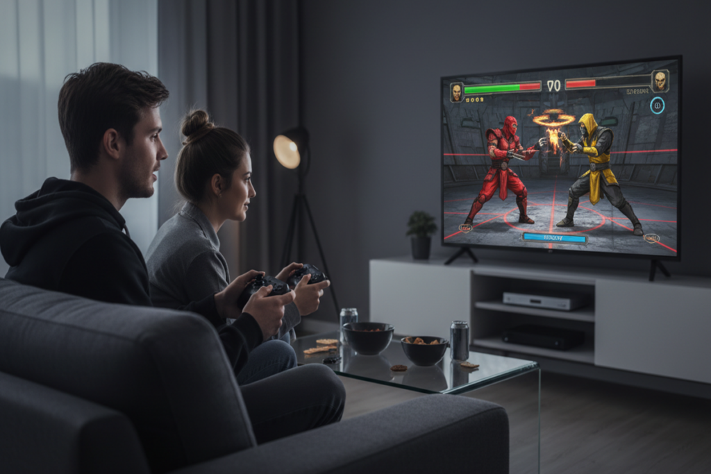 Deux personnes qui jouent à un jeu similaire à Mortal Kombat : Legacy Kollection