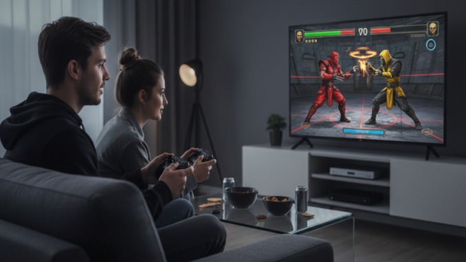 Deux personnes qui jouent à un jeu similaire à Mortal Kombat : Legacy Kollection