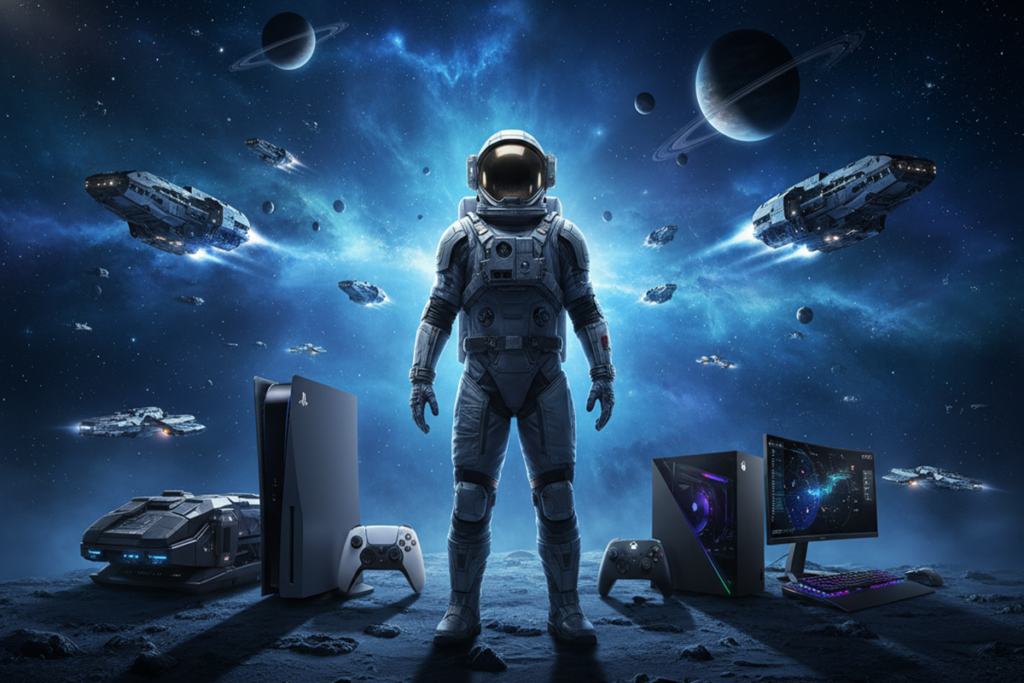 Poster d’un jeu d’exploration spatial comme Starfield sur consoles