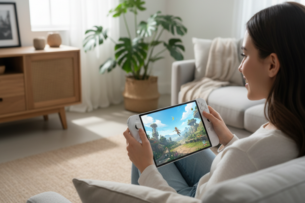 Une jeune femme qui joue à un jeu sur console