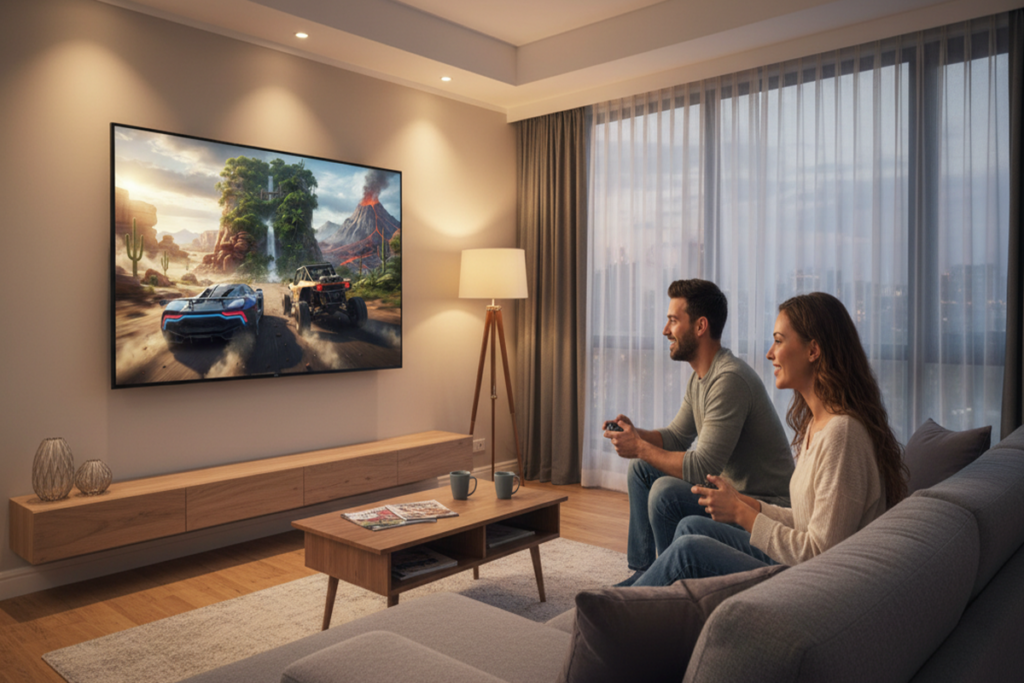 Deux personnes qui jouent à Forza Horizon 5 sur console