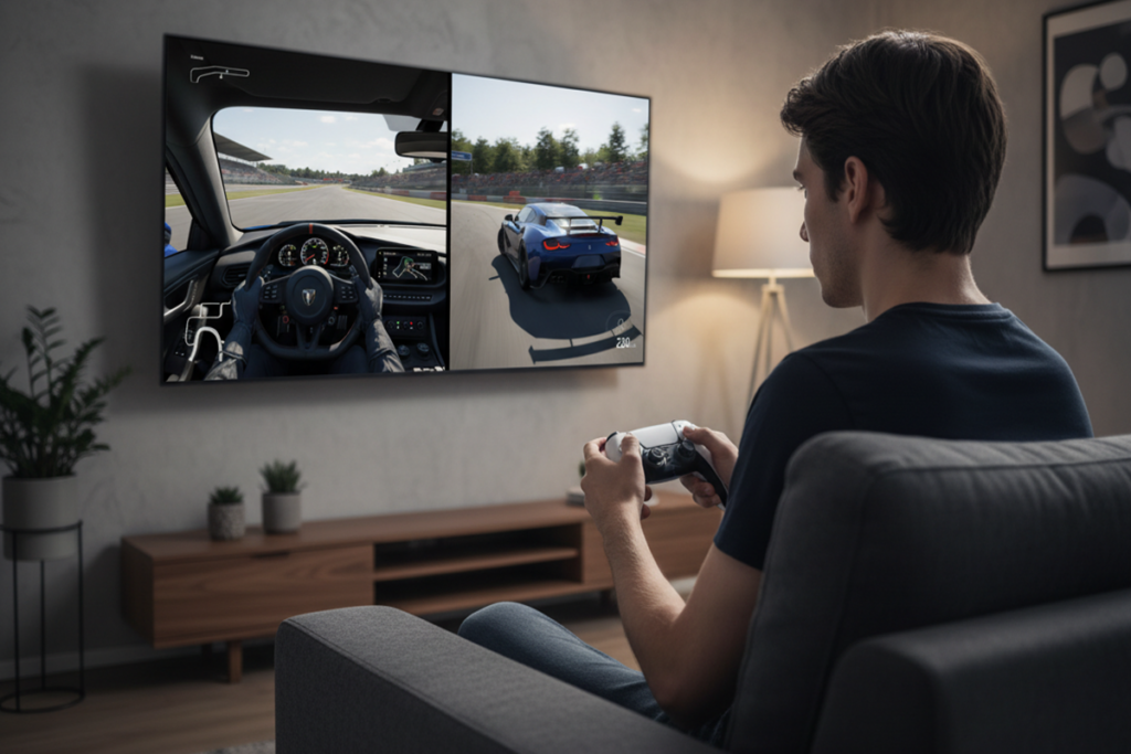 Un joueur qui joue à un jeu de course sur PS5