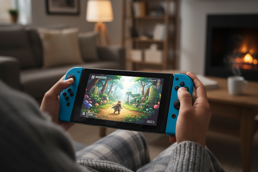 Une personne qui joue à un jeu d’aventure sur Nintendo Switch