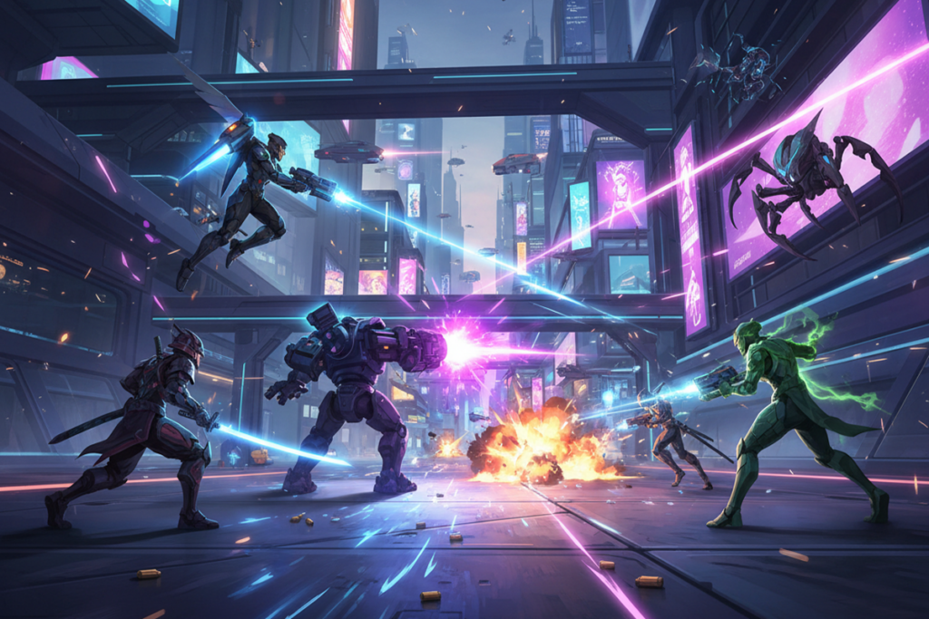 Gameplay d’un jeu de tir similaire à Overwatch