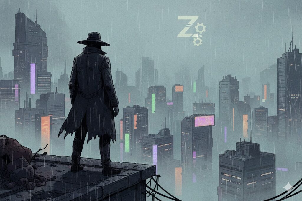 personnage dans une ville brumeuse comme dans Zero Parades