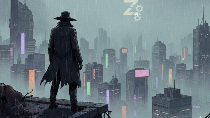 personnage dans une ville brumeuse comme dans Zero Parades