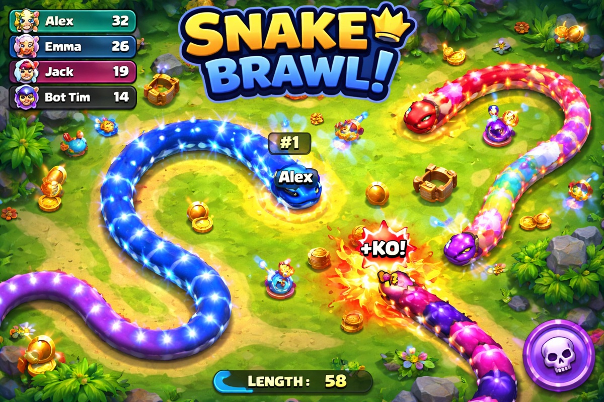 Gameplay d’un jeu mobile comme Snake Brawl