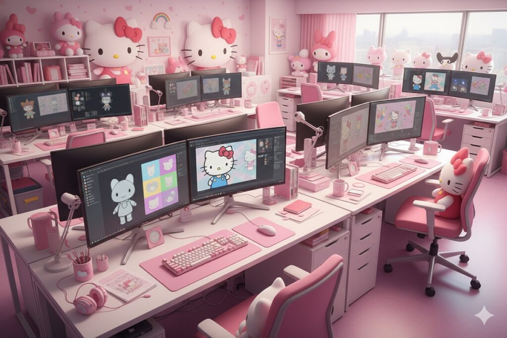 studio moderne avec écrans affichant personnages Sanrio Games
