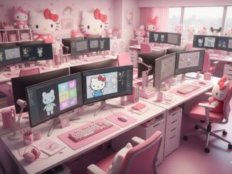 studio moderne avec écrans affichant personnages Sanrio Games