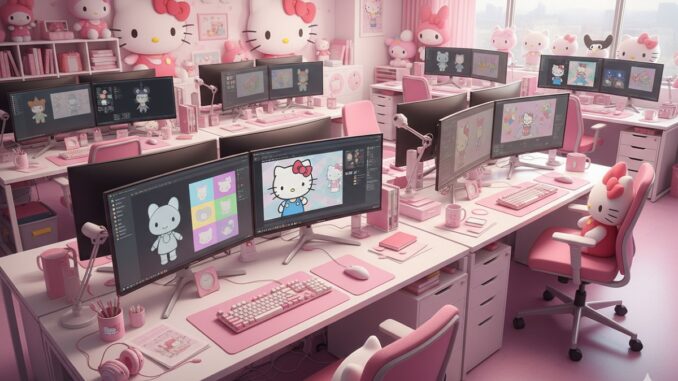 studio moderne avec écrans affichant personnages Sanrio Games