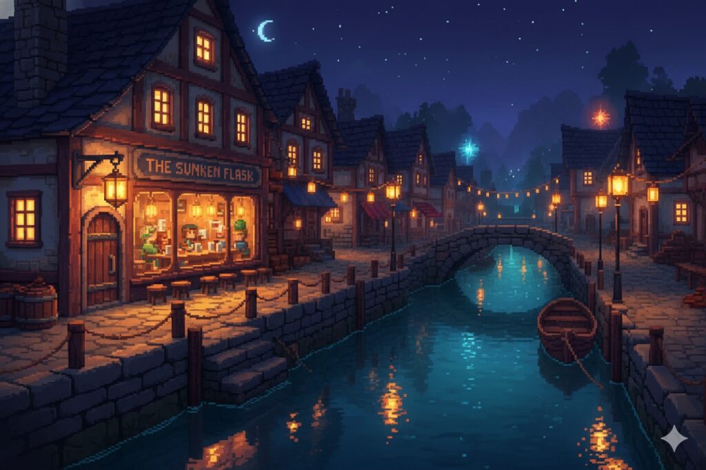 village nocturne inspiré de Sea of Stars