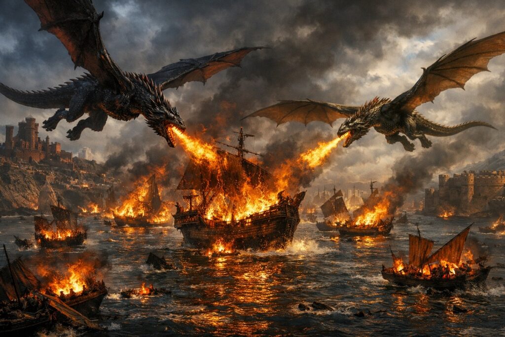 vue aérienne d'une bataille navale comme dans Game of Thrones: Dragonfire 