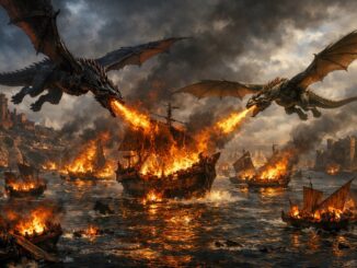 vue aérienne d'une bataille navale comme dans Game of Thrones: Dragonfire