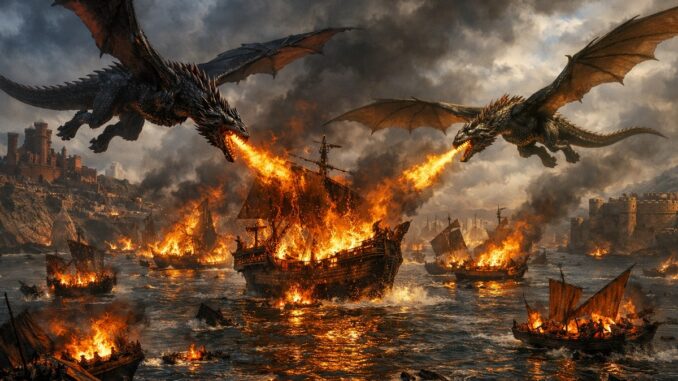 vue aérienne d'une bataille navale comme dans Game of Thrones: Dragonfire