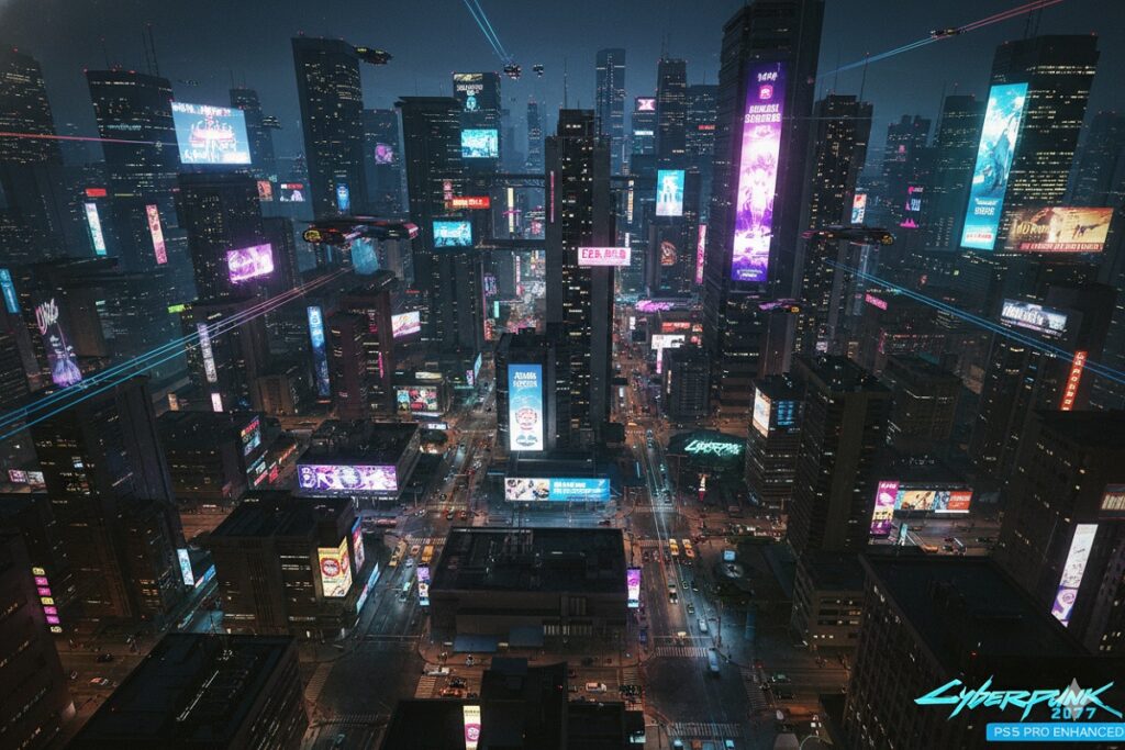 vue aérienne nocturne de Night City comme dans la mise à jour de Cyberpunk 2077