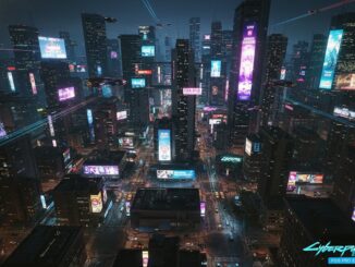 vue aérienne nocturne de Night City comme dans la mise à jour de Cyberpunk 2077
