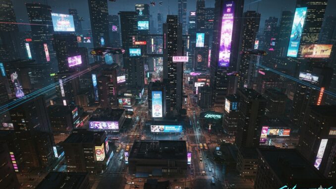 vue aérienne nocturne de Night City comme dans la mise à jour de Cyberpunk 2077